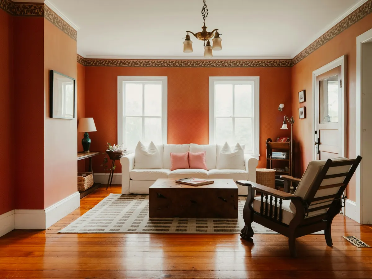 A finished living room with warm orange walls and white trim